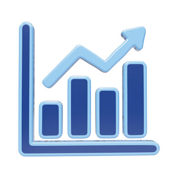 3D growth chart icon with upward arrow and blue bars representing financial success and sales progress data isolated on a transparent background
