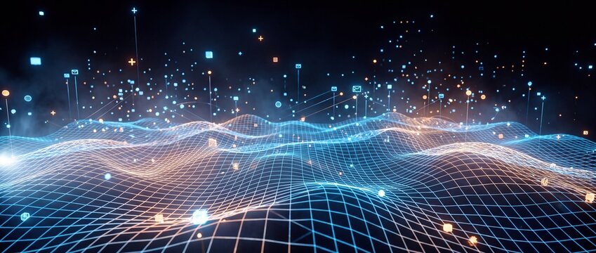 Digital data network landscape with glowing blue and orange nodes on