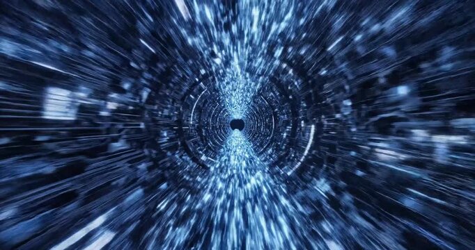 Animated futuristic technology tunnel with glowing blue digital data flow and abstract network elements connecting through cyberspace 3d rendering. 4K Video 60 fps