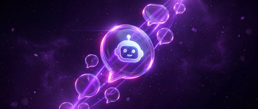 Glowing chatbot icon inside a purple speech bubble floating in a