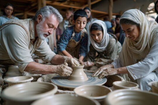 Pottery workshop with families creating traditional clay items in a rustic studio setting