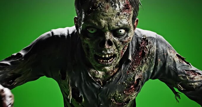 Zombie Shambling Towards Camera on Green Screen - A decaying zombie with tattered clothing slowly approaches the camera, arms outstretched in a menacing pose. 4K Video 60 fps