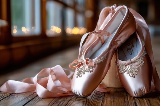 Pink Ballet Shoes Resting on Wooden Floor with Bokeh