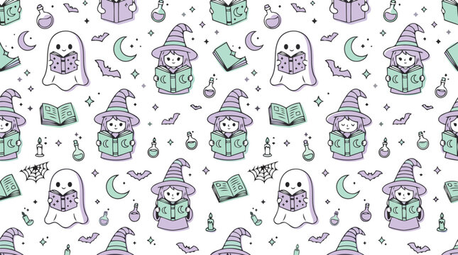 Halloween seamless pattern with cute kawaii witch and ghost reading magic books   