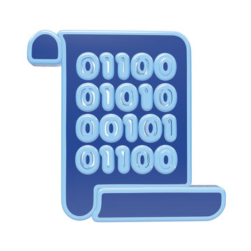 3D render of a blue document sheet icon featuring binary code data with zeros and ones, representing digital information processing isolated on a transparent background