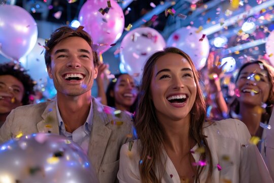 Excited friends celebrate together at a festive event filled with joy and laughter