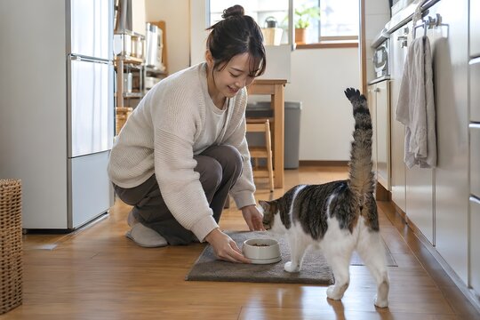 朝の台所で猫に器を置く女性