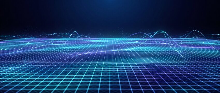 Abstract digital grid landscape with glowing blue data waves and dark