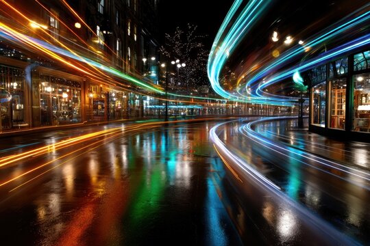 Colorful light trails on a rainy city street at night