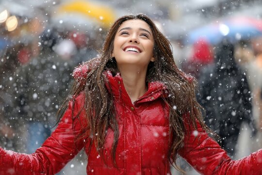 Joyful young woman enjoying snow in a vibrant red jacket on a winter day in the city