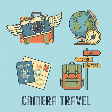 A set of hand-drawn travel icons includes a winged camera, globe, passport, and backpack.