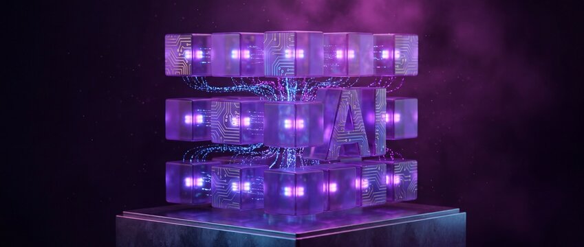 Artificial intelligence cube with glowing purple circuits and data