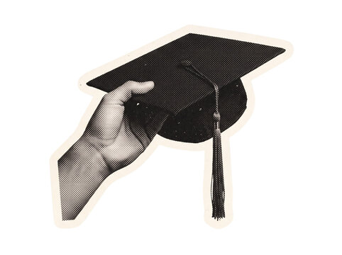 Hand holding graduation mortarboard cap sticker with vintage black halftone pattern and hanging tassel for celebratory layouts