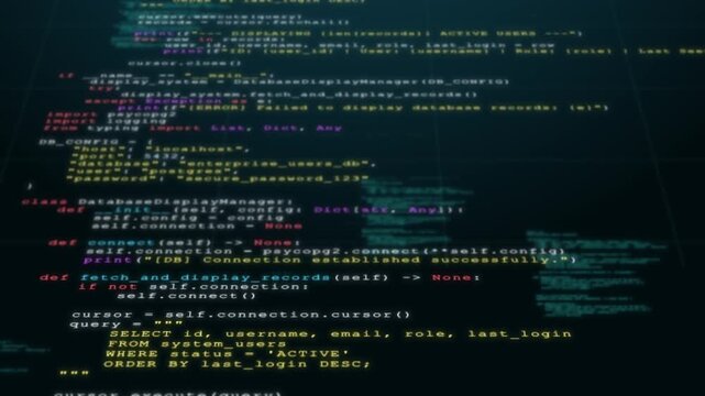 Code programming database query screen syntax with glowing software script and colorful text on dark monitor