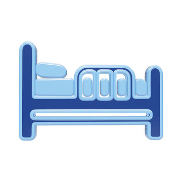3D rendered hospital bed icon in blue tones with side rails and a pillow representing elderly care and medical facilities isolated on a transparent background