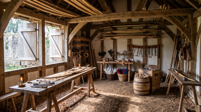 Empty medieval bowyer and fletcher workshop with woodworking tools, timber rafters, open shutters, and tallow lamps