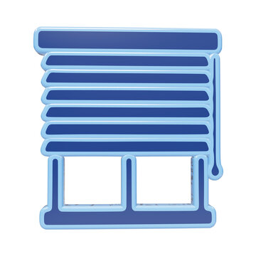 3D window blinds icon rendered in blue shades with horizontal louvers and a pull cord for privacy settings in a minimalist digital style isolated on a transparent background