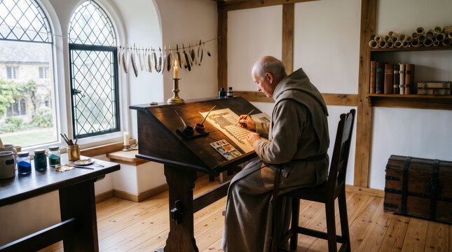 Medieval monk hunched over a slanted wooden desk in a medieval monastery workshoppainting a gilded letter on vellum in a scriptorium illuminated by diffused morning window light and a single candle.
