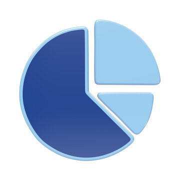 Three dimensional blue pie chart with distinct sections representing data proportions in varying shades of azure and navy blue isolated on a transparent background