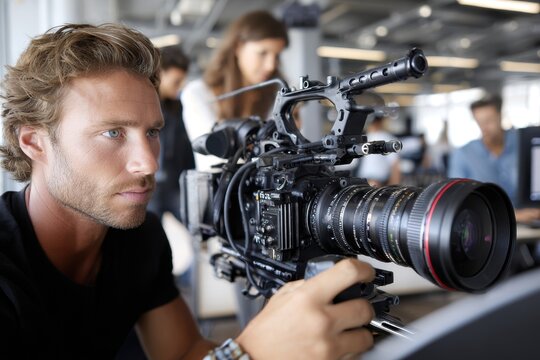 Man operates professional video camera in modern studio environment