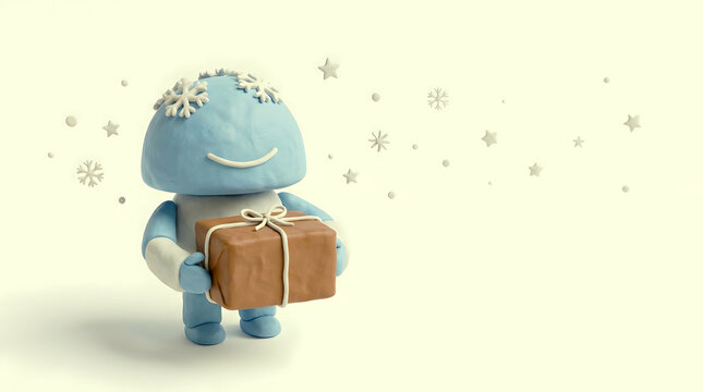 Charming light blue robot wearing snowflake headband holding brown gift box, winter holiday celebration theme.