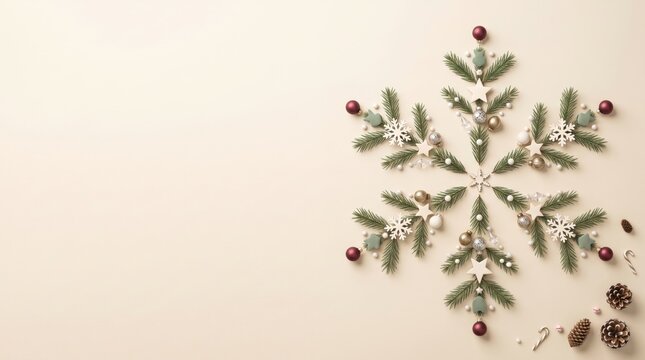 Elegant christmas snowflake, artfully arranged from fir branches and festive ornaments, a minimalist flat lay with copy space on a warm, light background, top-down view.