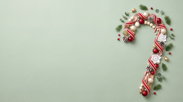 Christmas ornament flat lay forms a candy cane shape with red ribbons, baubles, and green foliage, captured in a top-down view on a light green background with copy space.