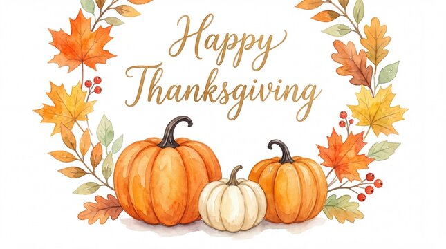 A beautiful watercolor illustration featuring vibrant autumn leaves and pumpkins with the text happy thanksgiving written in an elegant script for seasonal holiday greeting