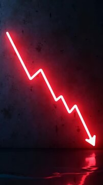 glowing red neon downward graph with arrow indicating decline, loss, and negative trends on a dark, abstract background, perfect for conveying risk, economy crisis, or poor performance..