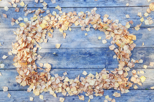 background, autumn fallen yellow leaves on an old wooden board surface, abstract October background for a frame