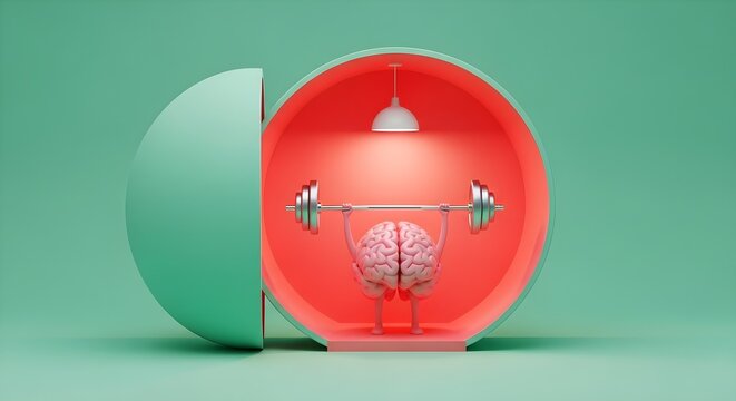 Mental Strength Concept featuring a 3D human brain character lifting a heavy barbell inside a spherical room with red lighting, ideal for mental health awareness and cognitive training.