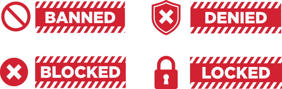 Banned denied blocked and locked red warning banners vector illustration   