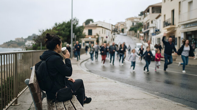 A woman sitting on a wooden bench drinking coffee while people run in panic along a coastal street, depicting a sudden emergency and evacuation scenario.
