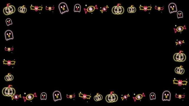 Halloween frame neon animation on black background horizontal loop