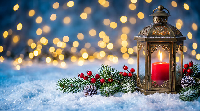 Christmas lantern with candle and pine branches in snow