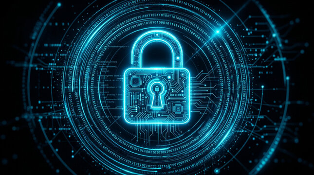 Glowing neon padlock symbolizing digital cybersecurity and binary data protection