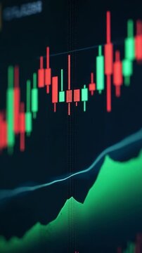 Close-up of a financial stock market chart showing red and green candlestick graphs, illustrating price volatility and trends for trading, investment, and analysis concepts.