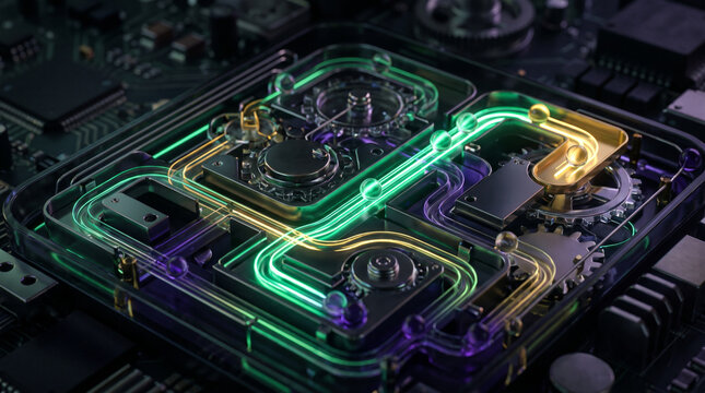 Futuristic glowing green electronic circuit board with digital pathways, microchip and computer technology concep