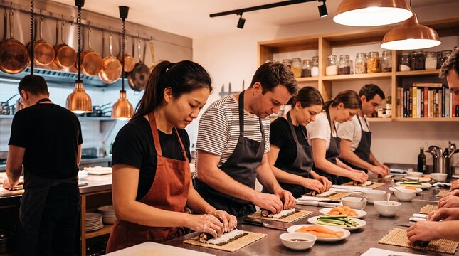 Group making sushi rolls in cooking class kitchen, culinary workshop team preparing food
