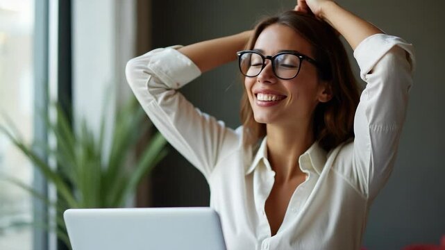 Close up shot beautiful she her business lady hand arm head raised up laugh laughter big salary income earnings genius startup notebook table sit office chair wearing specs formal-wear shir.