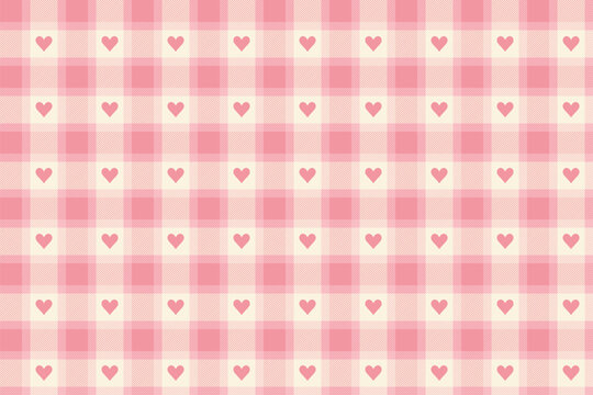 Pink And White Vichy Background With Heart. Gingham Seamless Pattern. Valentines Day Print.
