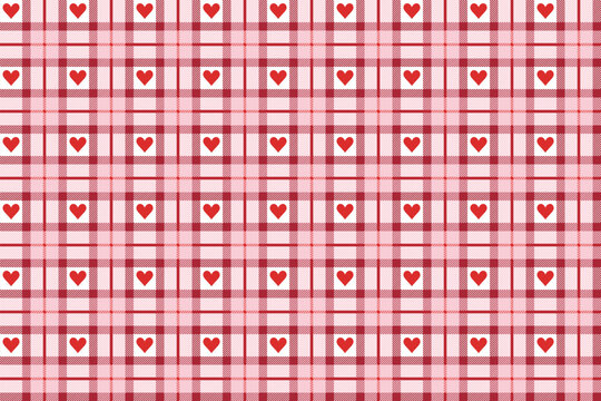 Red And White Vichy Background With Heart. Gingham Seamless Pattern. Valentines Day Print.
