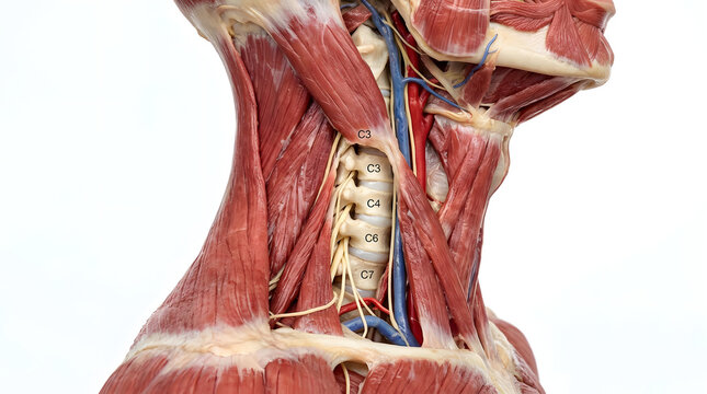Anatomical model of the human neck showing muscle, artery, vein and nerve structure. Vertebrae are visible in the center