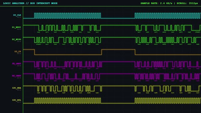 Digital Logic Analyzer Bus Tap 4K UHD Multi Channel Square Wave Oscilloscope Signal Protocol Decoding Abstract Technology Motion Background