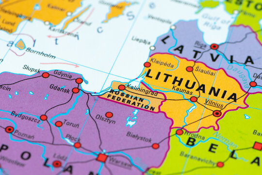 Political map of Kaliningrad, Russia, Russian Federation, surrounded by Poland, Ukraine, Belarus, Lithuania and the Baltic Sea