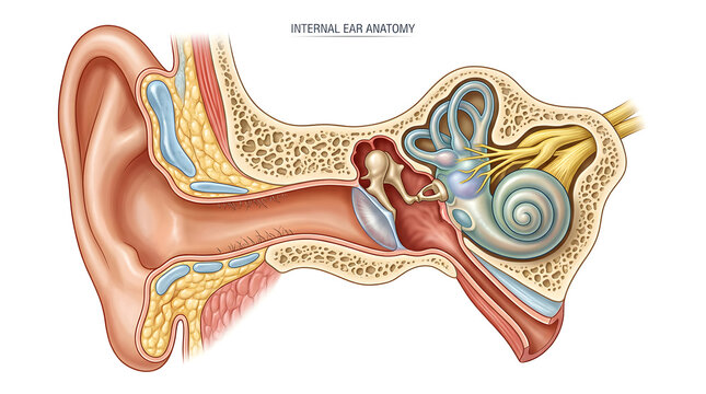 Anatomical illustration of the human ear, showcasing internal structures such as the cochlea and semicircular canals, with the outer ear visible.