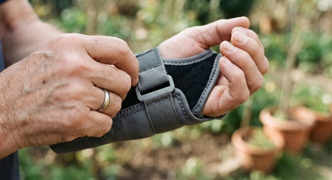Close-up of a person putting on a wrist brace or support splint for joint pain.