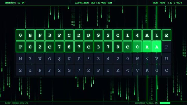 Crypto Brute Force Cracker 4K UHD Quantum Decryption SHA256 Hash Breaking Cyber Security Hacker HUD Abstract Technology Motion Background 