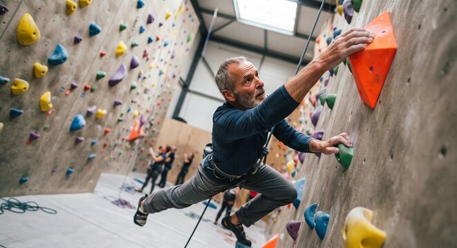 Mature man rock climbing indoors, reaching for colorful holds on climbing wall gym.