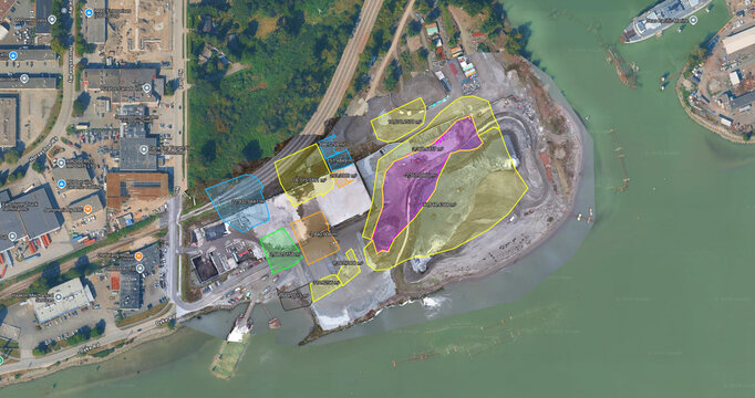 Aerial view of an industrial site with data-mapped polygons and 3D model overlays along the waterfront in Richmond, British Columbia, Canada.